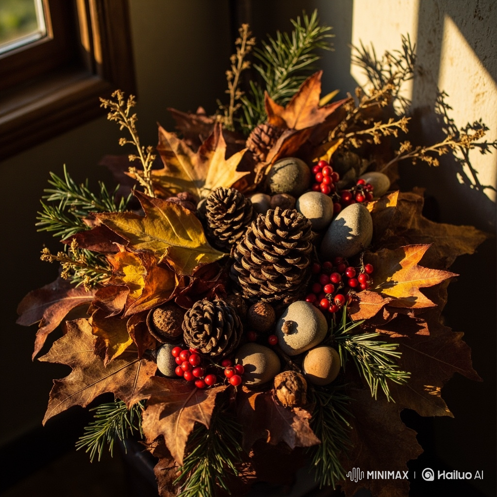 Seasonal display of natural materials in a sunlit corner